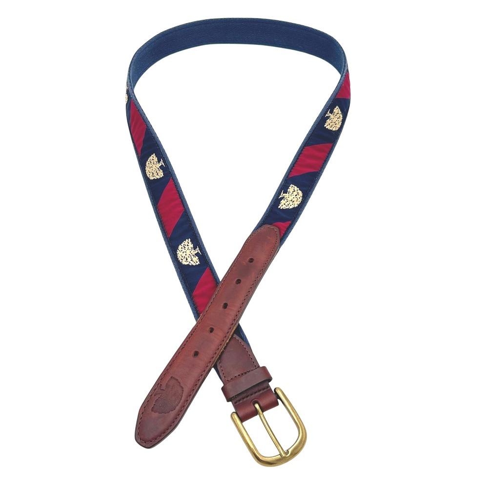 YRI Custom Designs Belt Mens 40" Navy Red Striped Oak Tree Leather Made in USA